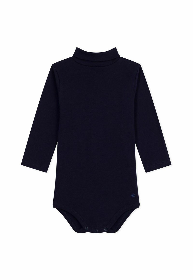 Body a maniche lunghe in blu navy, realizzato in tessuto morbido, con colletto alto e chiusure a pressione sul fondo per un facile cambio.