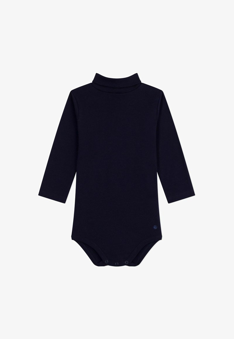 Langärmliger Bodysuit in Navyblau, aus weichem Stoff, mit hohem Kragen und Druckknöpfen im Schritt für ein einfaches An- und Ausziehen.