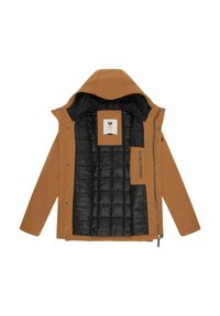 Brun yderjakke med en sort quiltet indvendig. Har hætte, frontlynlås og flere lommer, inklusive en lynlås-lomme på brystet.