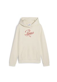 Felpa color crema con tasca frontale a kangaroo, grande logo rosso "Puma" e cappuccio con lacci. Tessuto morbido con texture liscia.