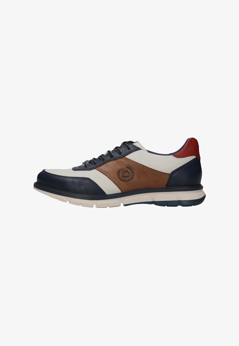 Ledersneaker mit blauen, weißen und braunen Akzenten. Runde Spitze, Schnürverschluss und strukturierte Gummisohle für besseren Halt.