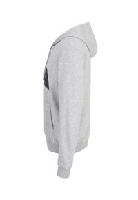 Ljusgrå hoodie med känguruficka, dragskohette, ribbad ärmslut och en solid mörk logotyp på bröstet. Slät, mjuk textur.