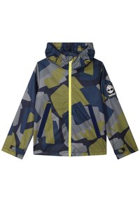 Bunda s kapucí, zdobená geometrickým vzorem v námořnické modři, olivové a šedé barvě. Přední zip, dvě námořnicky modré kapsy a logo na rukávu.