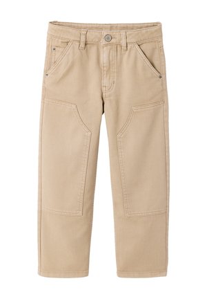 Beige gerade geschnittene Hose mit verstärkten Knieschützern, Gürtelschlaufen, Frontknopf, Reißverschluss und schrägen Seitentaschen.