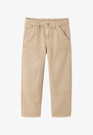 Beige gerade geschnittene Hose mit verstärkten Knieschützern, Gürtelschlaufen, Frontknopf, Reißverschluss und schrägen Seitentaschen.