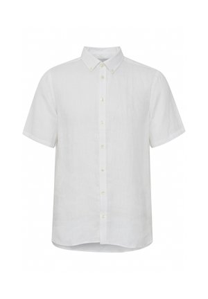 Lühikeste varrukatega valge nööbiga särk, millel on nööbid allapoole, ja kõveral hem, esitatud lamedal valgel taustal.