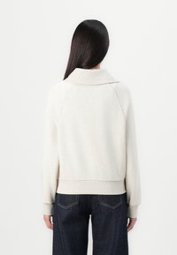 Cream-colored pullover sweater with a wide collar, ribbed cuffs, and hem. The fabric has a soft texture, viewed from the back with dark denim pants.