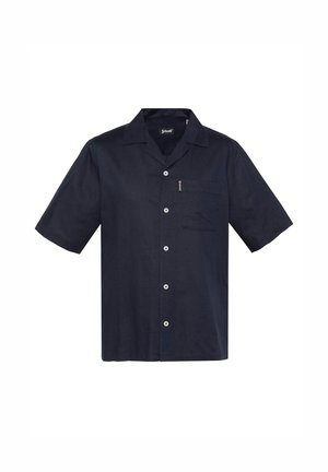 Marineblaue kurzärmelige Hemdbluse mit spitzem Kragen, Brusttasche und kontrastierenden weißen Knöpfen, dargestellt auf weißem Hintergrund.