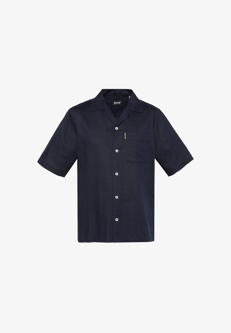 Chemise marine à manches courtes avec boutons, col pointu, poche poitrine et boutons blancs contrastants, présentée sur un fond blanc.