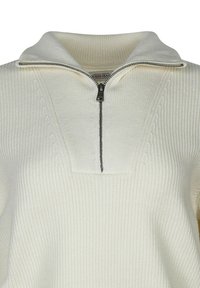 Pull en crème, à côtes, avec un col haut et un zip au cou. Présente un panneau texturé sur la poitrine, offrant un design confortable.
