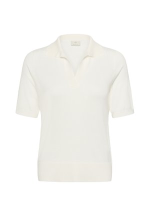 Valge lühikeste varrukatega kudum-polo särk V-kujulise kaeluse ja kraega, millel on soonikkoes ääred ja varrukasuu.