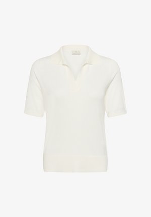 White short-sleeve knit polo shirt with V-neck and collar, featuring a ribbed hem and cuffs.