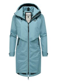 Blue waterproof parka with a zippered front, large hood, side pockets, and adjustable cuffs. Features a smooth texture and modern design.