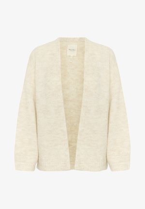 Cardigan lavorato a maglia beige chiaro, design con apertura frontale, maniche lunghe, texture morbida, polsini a costine, etichetta minimalista nella parte posteriore del collo.