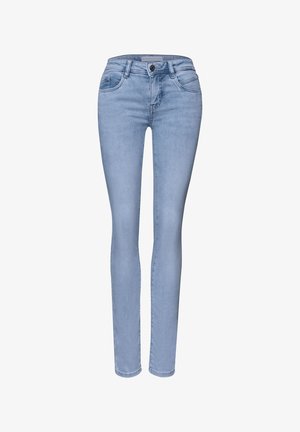 Lyseblå skinny jeans til kvinder med forreste knap, lynlåsflyvning og fem-lomme design.