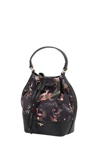 Sac seau en tissu floral noir rehaussé de cuir noir, avec quincaillerie dorée, doté d'une fermeture à cordon ajustable et d'une poignée circulaire.
