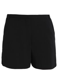 Shorts noirs en tissu lisse, présentant une coupe ajustée avec un devant plat, des poches latérales et un ourlet droit. Sans motifs distincts.