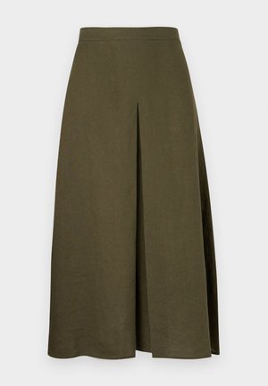 Φούστα μέσης μέτριου μήκους σε ελιά πράσινο, με κεντρική πιέτα μπροστά και λείο ζωνάκι, κατασκευασμένη από ελαφρύ υφαντό ύφασμα.