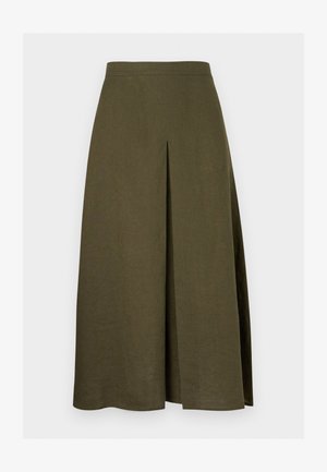 Olívazöld, magas derekú midi szoknya, első középső redővel és sima derékrésszel, könnyű szövött anyagból.