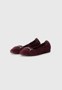 Ballerine in suede borgogna con una texture morbida, punta affusolata e un'accensione in metallo argentato sulla parte anteriore. Design a tacco basso e piatto.