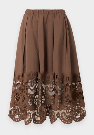 Pruun midi seelik elastse vöökohaga ja lillelise lõikega pitsdetailide asemel ääres.