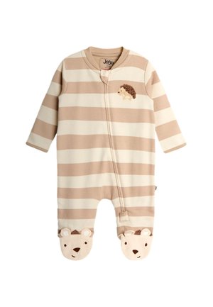 Body bébé avec rayures horizontales beige et blanches, fermeture éclair à l'avant, hérisson brodé sur la poitrine et visages d’ours sur les chaussons.