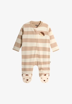 Baby-Strampler mit beige-weißen horizontalen Streifen, Frontreißverschluss, gesticktem Igel auf der Brust und Bärengesichtern auf den Füßlingen.