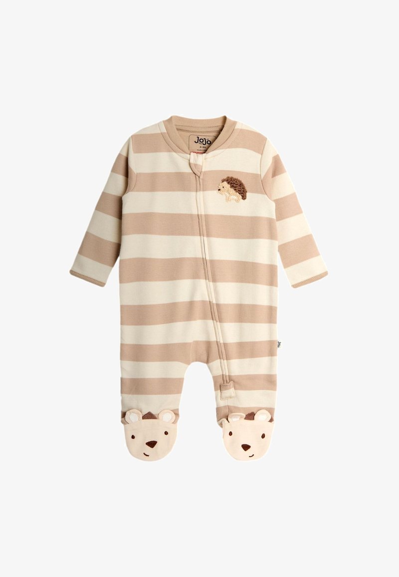 Body bébé avec rayures horizontales beige et blanches, fermeture éclair à l'avant, hérisson brodé sur la poitrine et visages d’ours sur les chaussons.