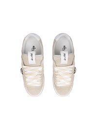 Beige sneakers with suede upper and white mesh accents. Features a textured white lace and logo tag on the tongue. Smooth rubber sole.