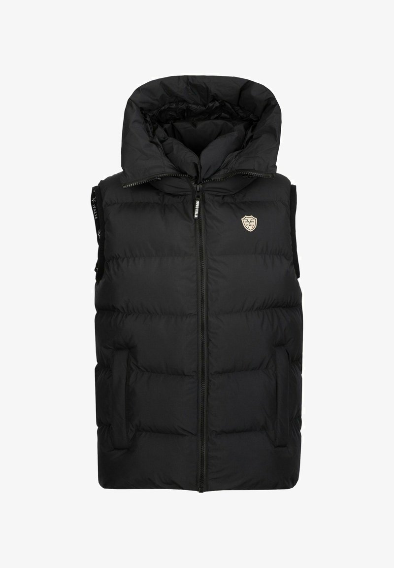 Schwarze gepolsterte Weste mit hohem Kragen und Kapuze, ausgestattet mit einem Reißverschluss vorne und Taschen an den Seiten. Sie hat ein Logo auf der Brust und eine glatte Oberfläche.