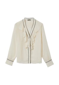 Blusa avorio in tessuto leggero con frontalino arricciato, piping nero lungo il colletto e i polsini, e maniche lunghe con dettagli in bottone.