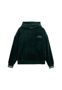 Hoodie en velours vert avec une poche avant, des manches longues et des poignets côtelés. Présente un logo blanc "SUPERDRY" sur la poitrine et des accents rayés.