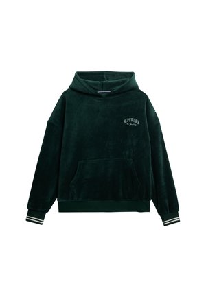 Grøn velour hoodie med en frontlomme, lange ærmer og ribbede manchetter. Har et hvidt "SUPERDRY" logo på brystet samt stribede detaljer.