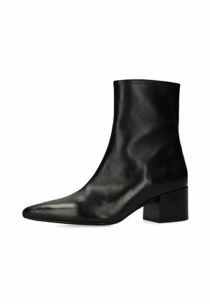 Black leather ankle boot with pointed toe and low block heel shown from the side on a white background.