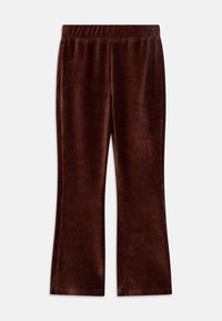 Pantalons évasés en velours côtelé marron avec une taille élastique et une texture douce, présentant des coutures brodées et une finition lisse.