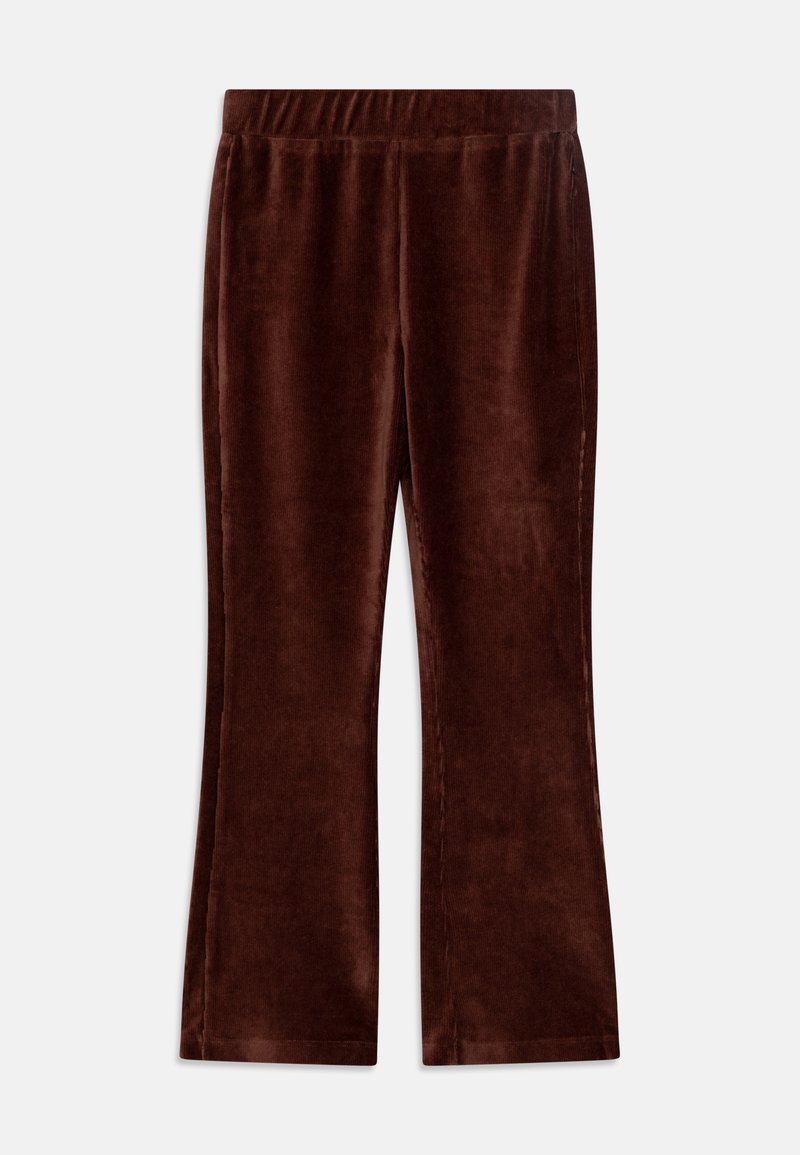 Pantalons évasés en velours côtelé marron avec une taille élastique et une texture douce, présentant des coutures brodées et une finition lisse.