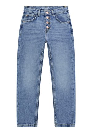 Hellblaue Jeans mit hoher Taille und vier sichtbaren Kupferknöpfen, vorderen Taschen einschließlich Münztasche und Gürtelschlaufen.