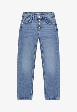 Jean taille haute bleu clair avec quatre boutons en cuivre visibles, poches avant incluant une petite poche à monnaie, et passants pour ceinture.