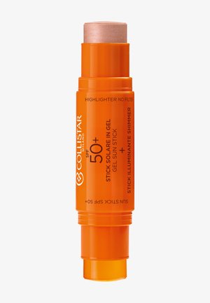 Oranger doppelseitiger Sonnenschutz-Stick mit SPF 50+ und Highlighter-Gel, mit der Aufschrift Collistar Milano, für Sonnenschutz und Schimmer.