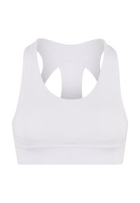 Hvit sport-BH laget av glatt stoff, med racerback-design og utskjæringsdetalj samt bred underband for støtte.