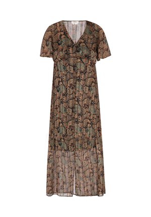 Abito lungo e trasparente con scollatura a V e maniche corte. Presenta un motivo paisley in tonalità terrose e un pannello inferiore semi-trasparente.