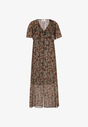 Dolga, prosojna obleka z V-izrezom in kratkimi rokavi. Ima paisley vzorec v zemeljskih tonih in polprosojen spodnji del.