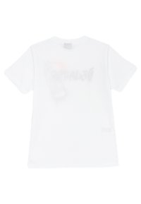 T-shirt bianco in cotone con maniche corte e scollatura rotonda. Presenta stampe grafiche indistinte sul retro e un'etichetta tessuta sull'orlo.