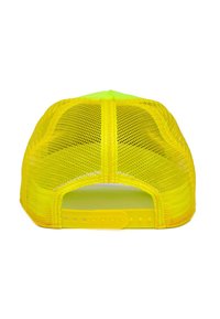 Casquette de baseball en mesh jaune avec une sangle ajustable jaune uni. Présente une couleur néon vive sur toute sa surface et une forme structurée.