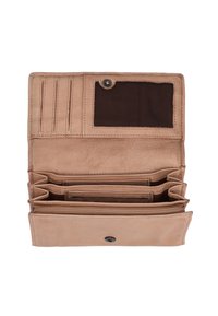 Lys beige læderpung med flere kortlommer, et lynlåsfelt og et gennemsigtigt ID-vindue; har syninger og en knaplukning.