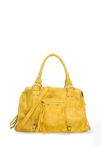 Borsa a tracolla gialla in pelle, con doppio manico e tracolla regolabile. Presenta una tasca con zip frontale e dettagli in frange.