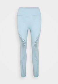 Leggings azzurri chiari realizzati in tessuto elastico con vita alta. Presentano motivi a fori lungo i lati per ventilazione e design.