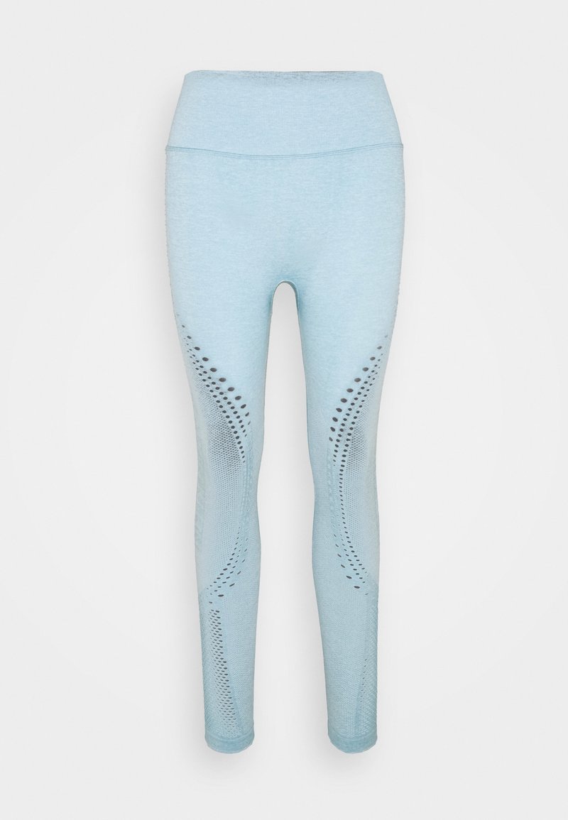 Leggings azzurri chiari realizzati in tessuto elastico con vita alta. Presentano motivi a fori lungo i lati per ventilazione e design.