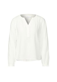 Witte blouse met lange mouwen en V-hals, knopenlijst, geplooide schouder naden en elastische manchetten. Gladde, lichtgewicht stof.
