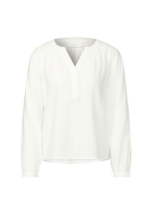 Witte blouse met lange mouwen en V-hals, knopenlijst, geplooide schouder naden en elastische manchetten. Gladde, lichtgewicht stof.